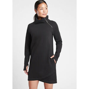 Athleta S black Cozy Karma Asym Sweatshirt Dress soft warm long comfy turtleneck